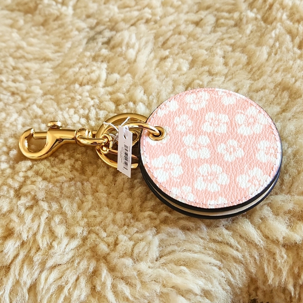 NWT Coach Pink Leather Floral Mirror Bag Charm or Key Ring 🩷🔑 - Picture 11 of 12